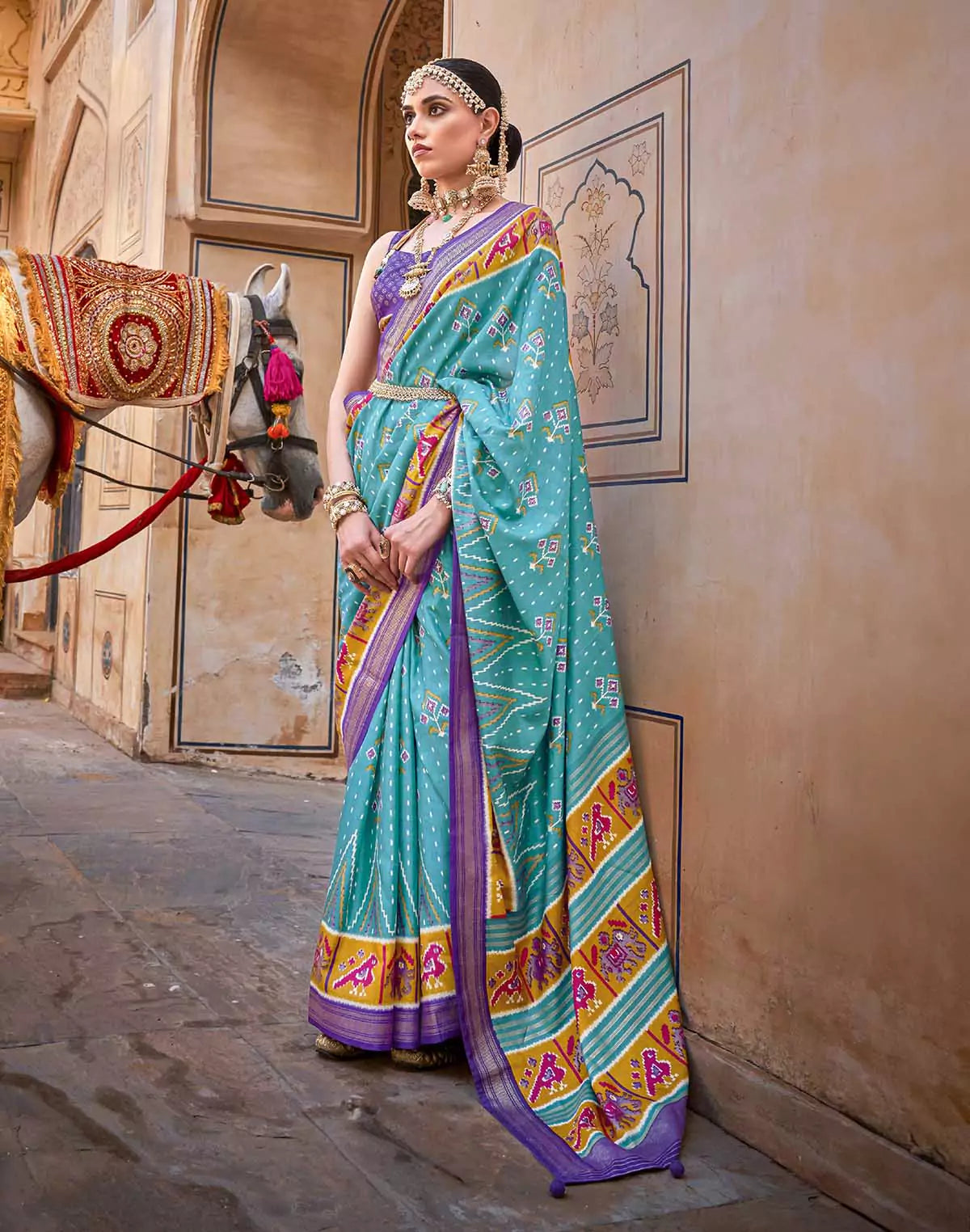 Image of Patola Silk Saree with Violet Blouse