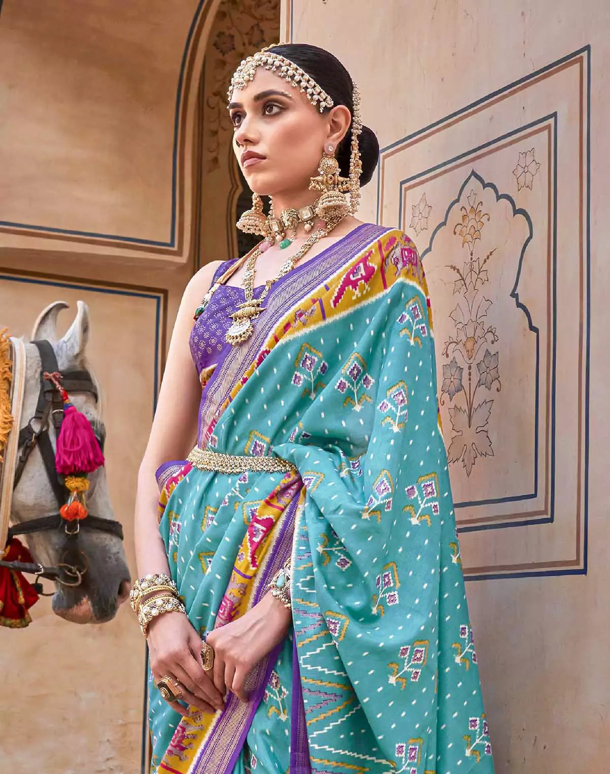 Image of Patola Silk Saree with Violet Blouse