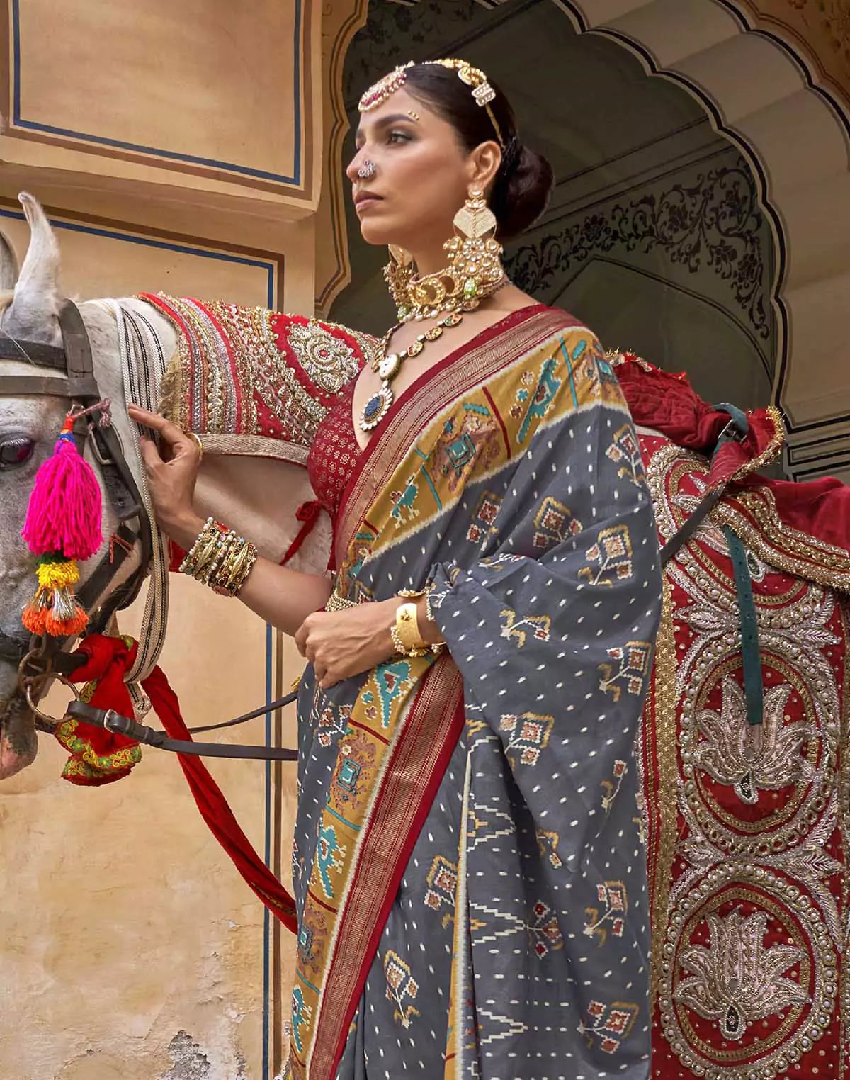 Image of Iron Grey Ikat Patola Silk Saree