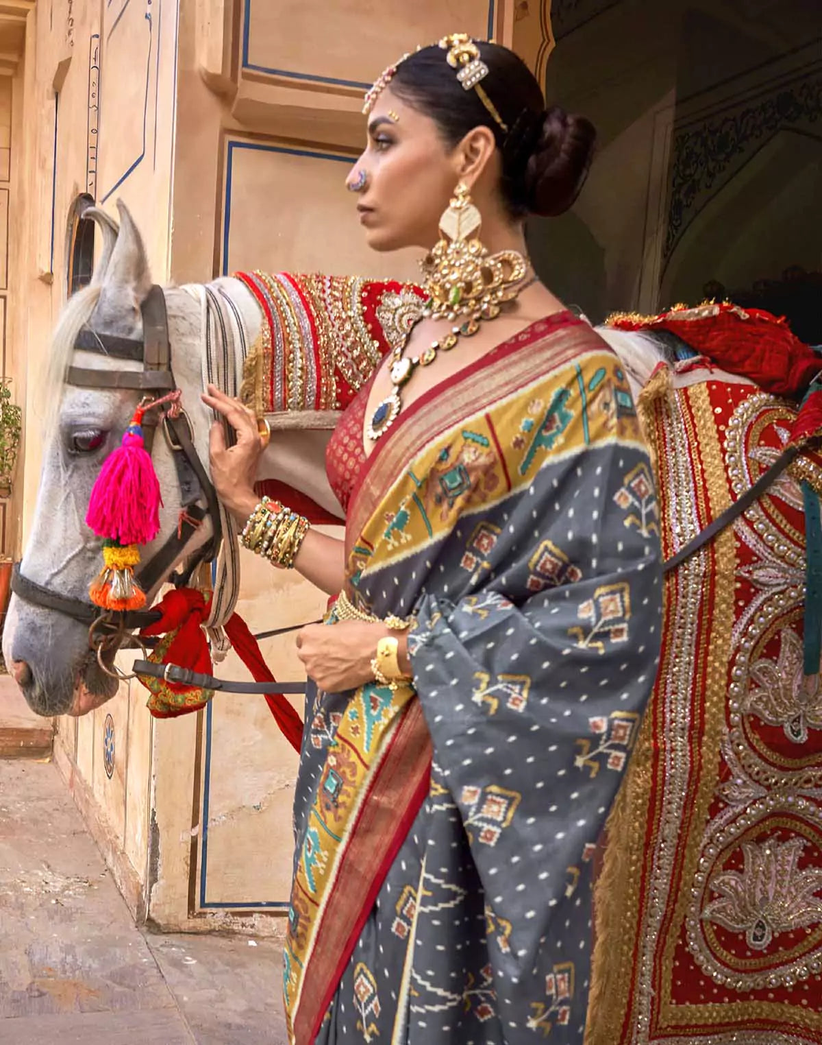 Image of Iron Grey Ikat Patola Silk Saree