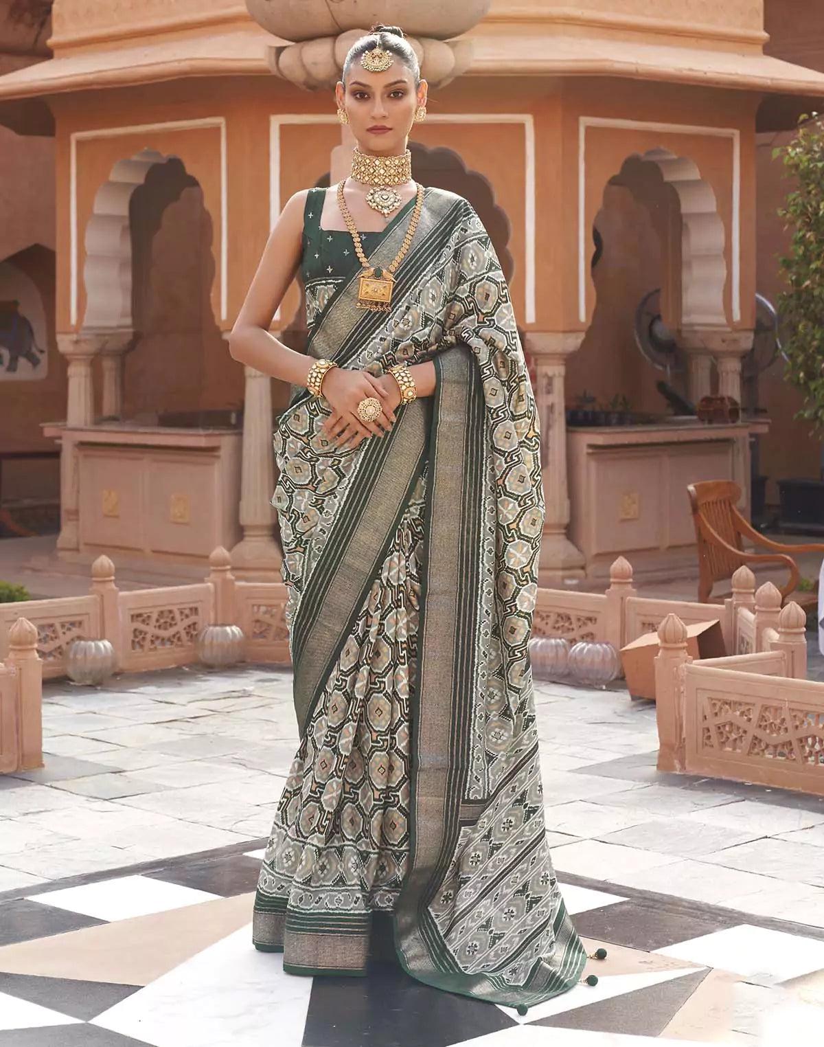 Image of Dolphin Grey Ikat Print Saree with Contrast Plain Border