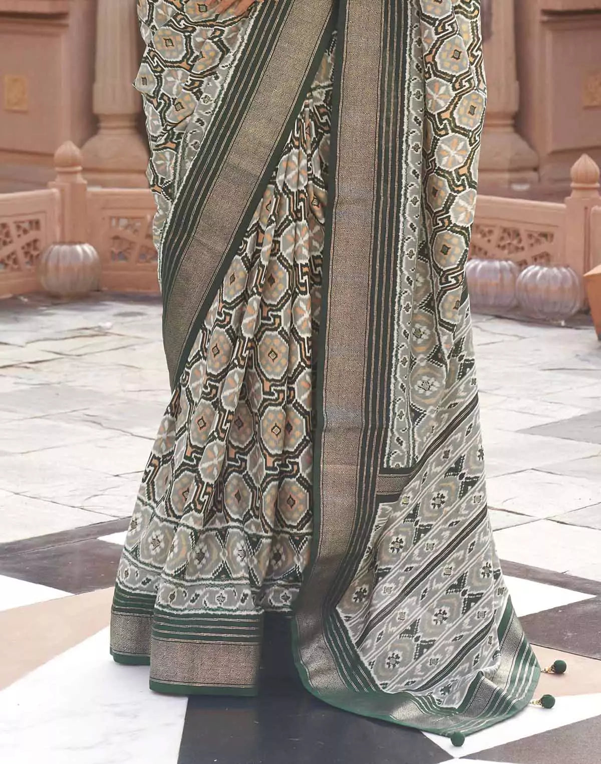 Image of Dolphin Grey Ikat Print Saree with Contrast Plain Border