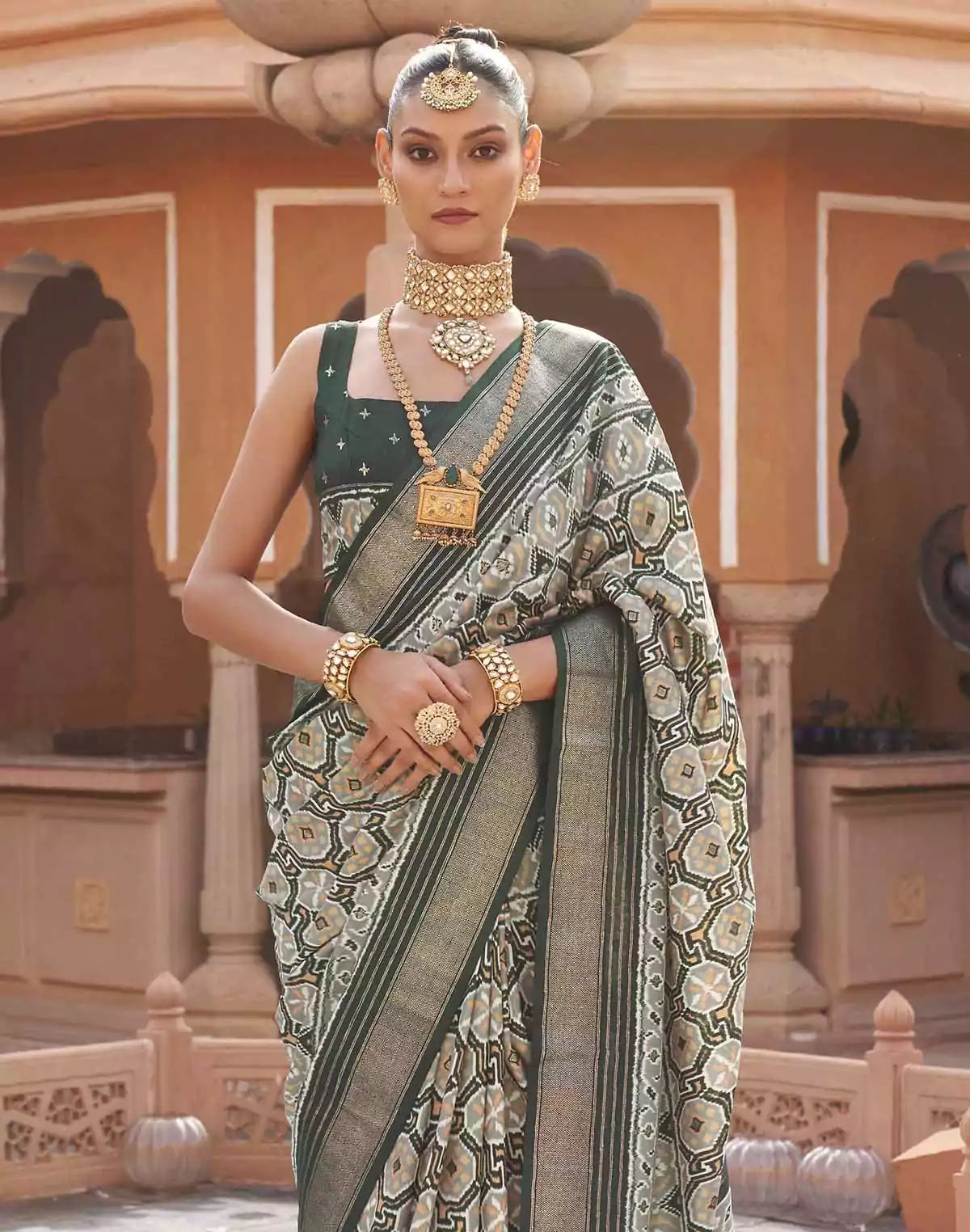 Image of Dolphin Grey Ikat Print Saree with Contrast Plain Border