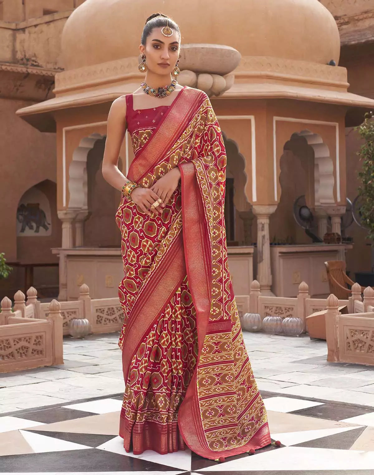 Image of Red Pochampally Silk Patola Fancy Saree