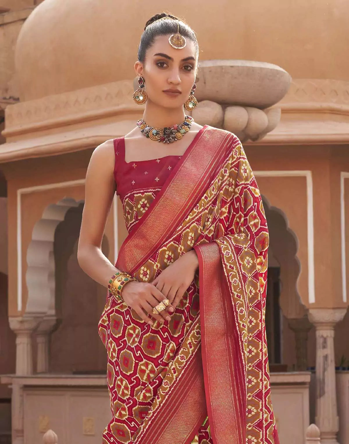 Image of Red Pochampally Silk Patola Fancy Saree