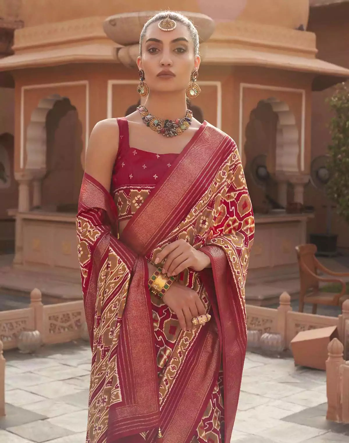 Image of Red Pochampally Silk Patola Fancy Saree