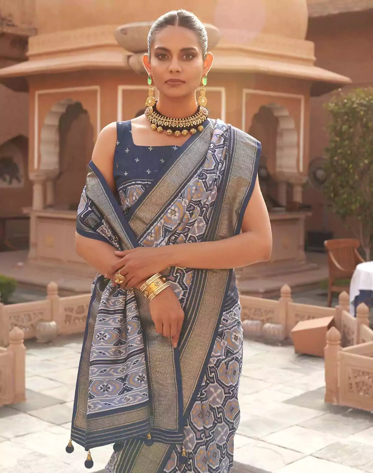 Image of Light Blue Ikat Pattern Pochampally Patola Silk Saree