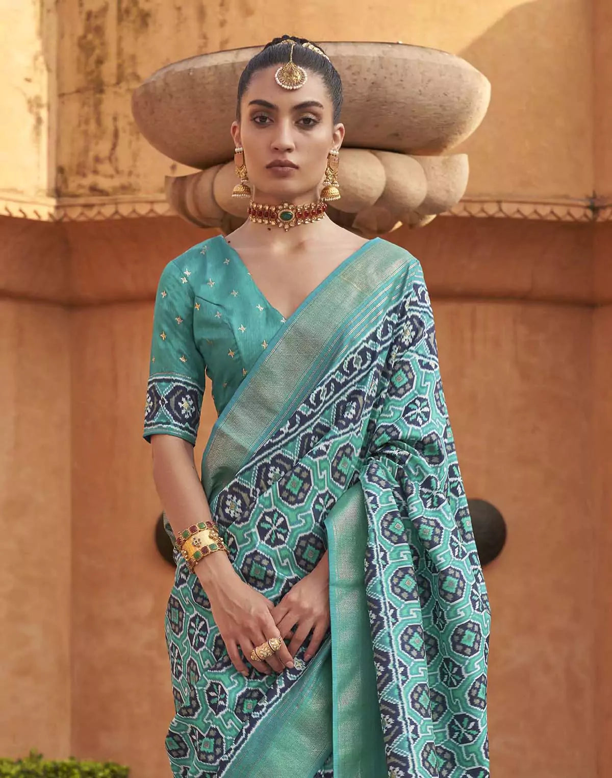 Image of Light Green Ikat Patola Silk Saree