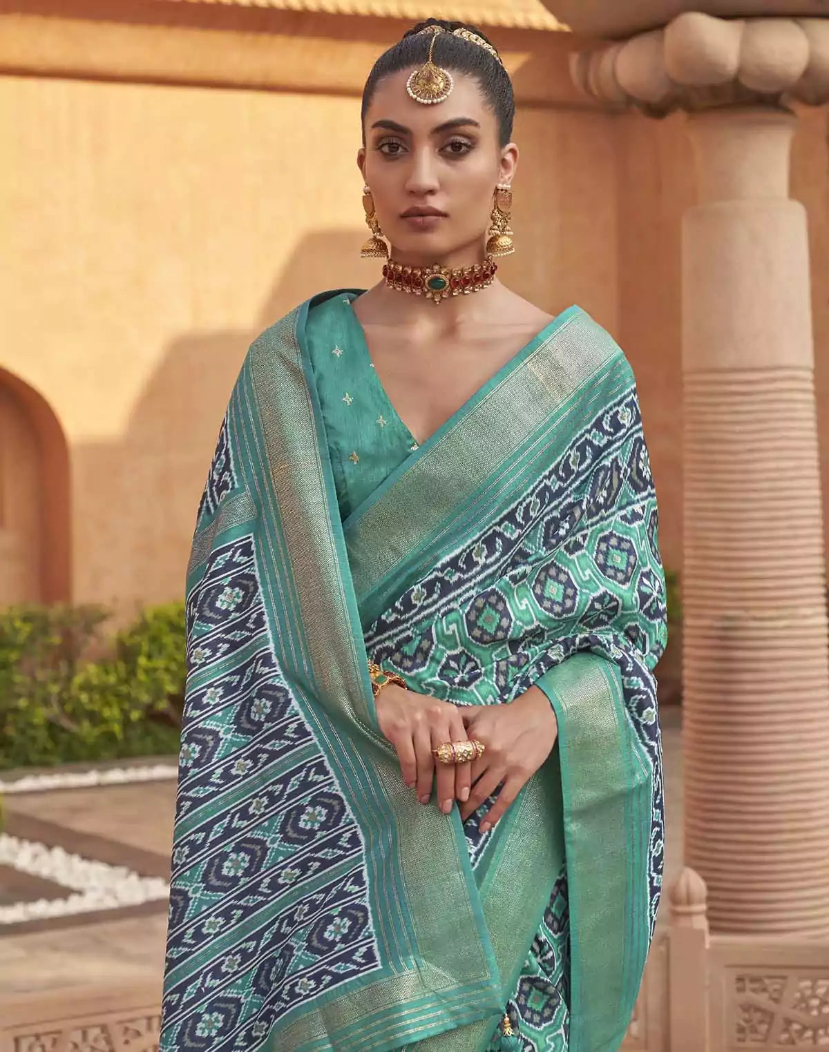 Image of Light Green Ikat Patola Silk Saree
