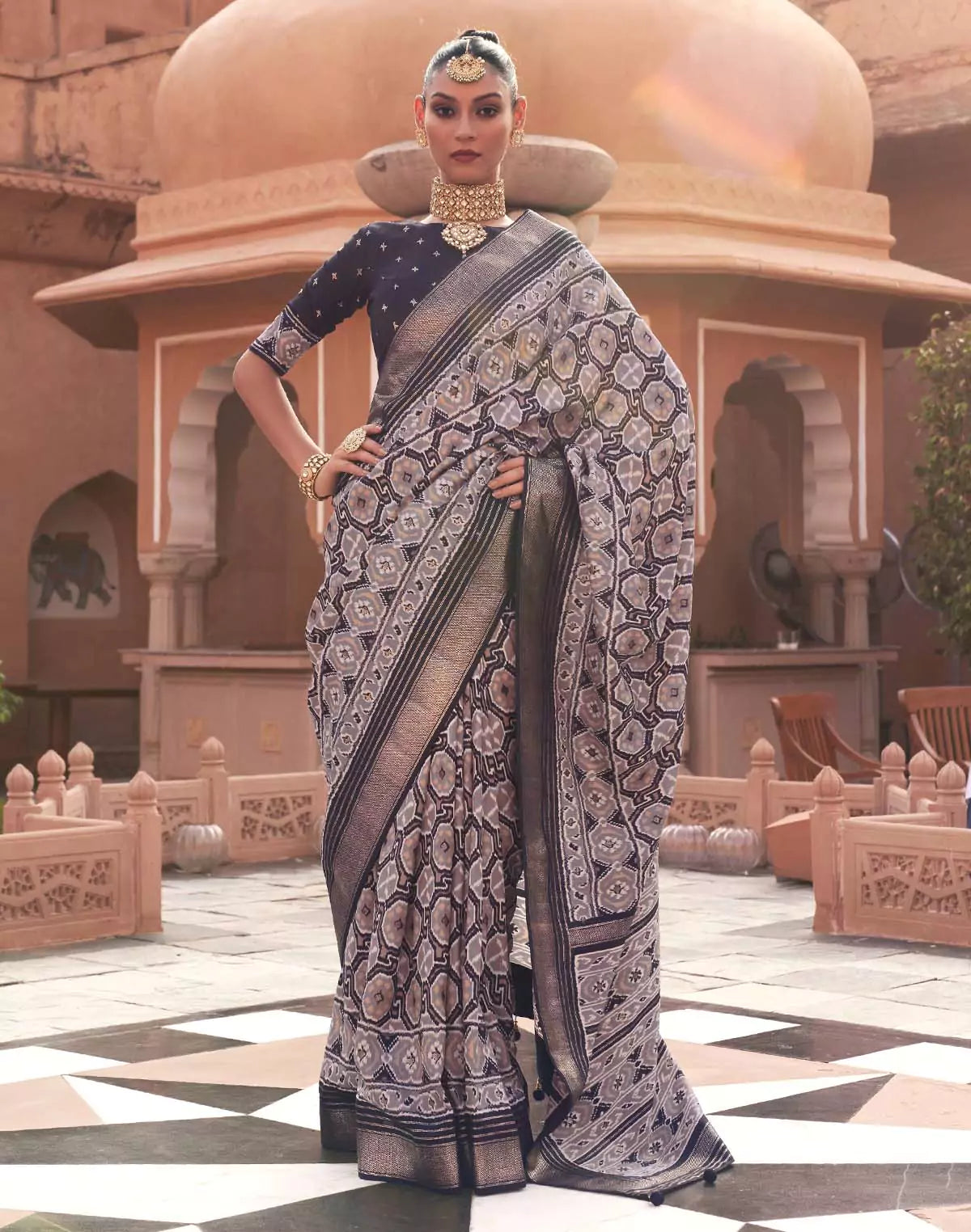 Image of Black Coloured Pochampally Ikat Saree