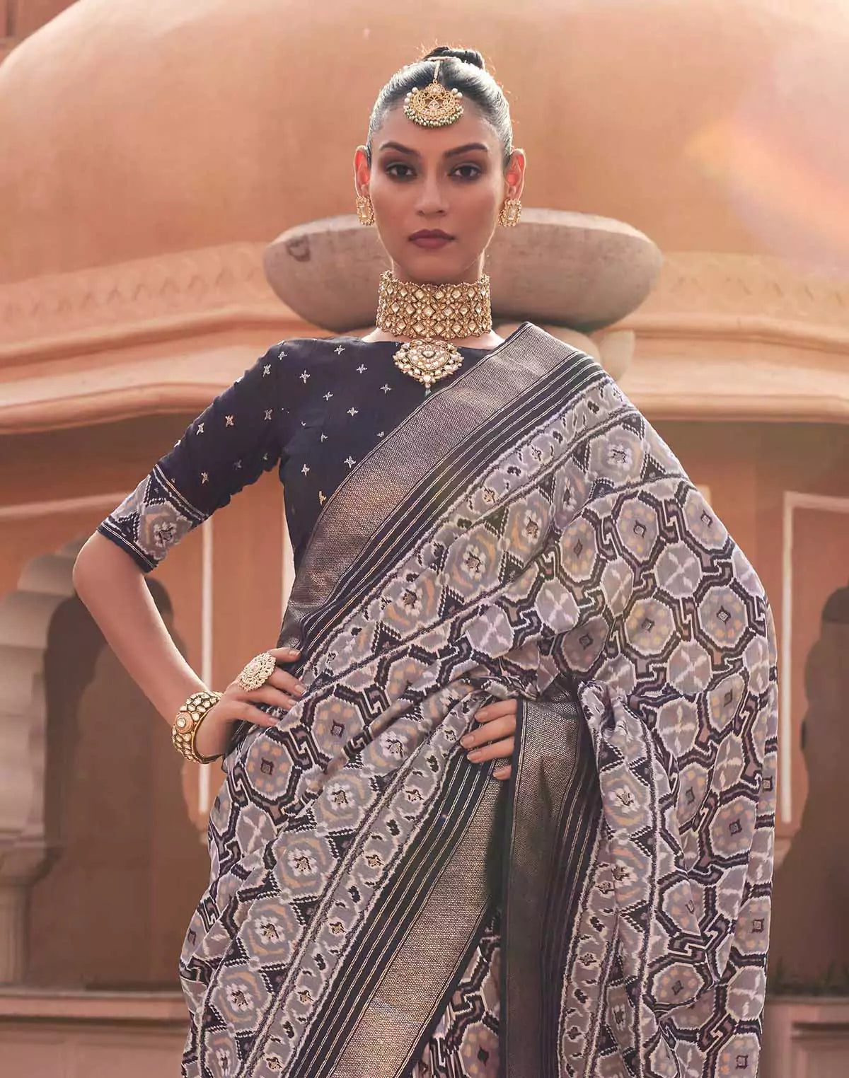 Image of Black Coloured Pochampally Ikat Saree