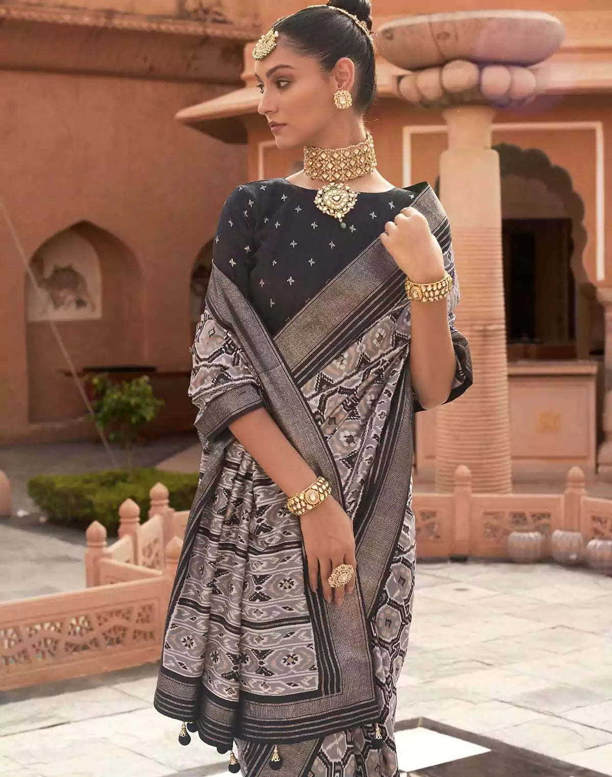 Image of Black Coloured Pochampally Ikat Saree