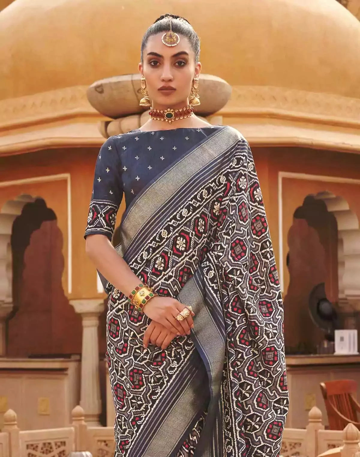 Image of Dark Grey Patola Silk Saree