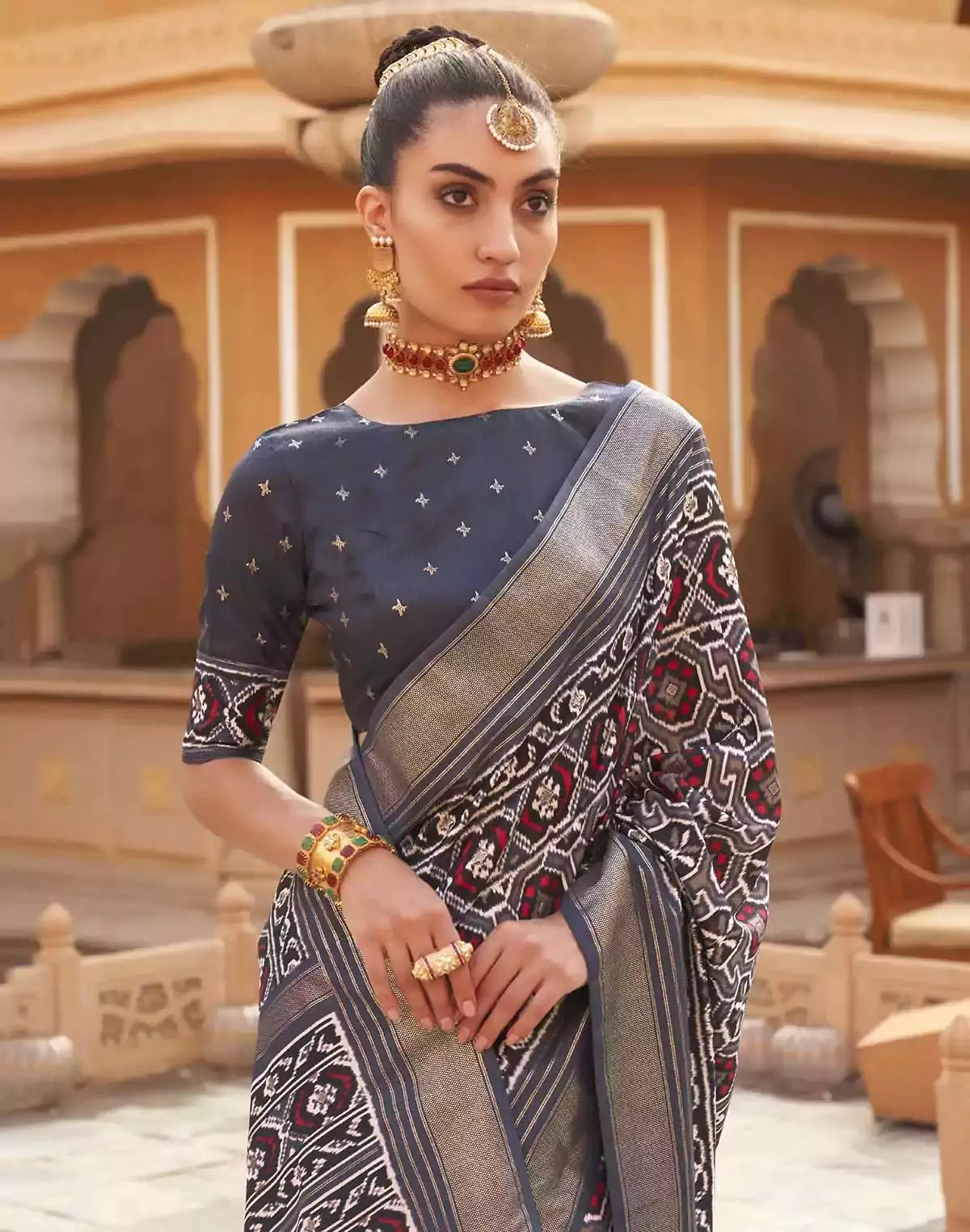 Image of Dark Grey Patola Silk Saree