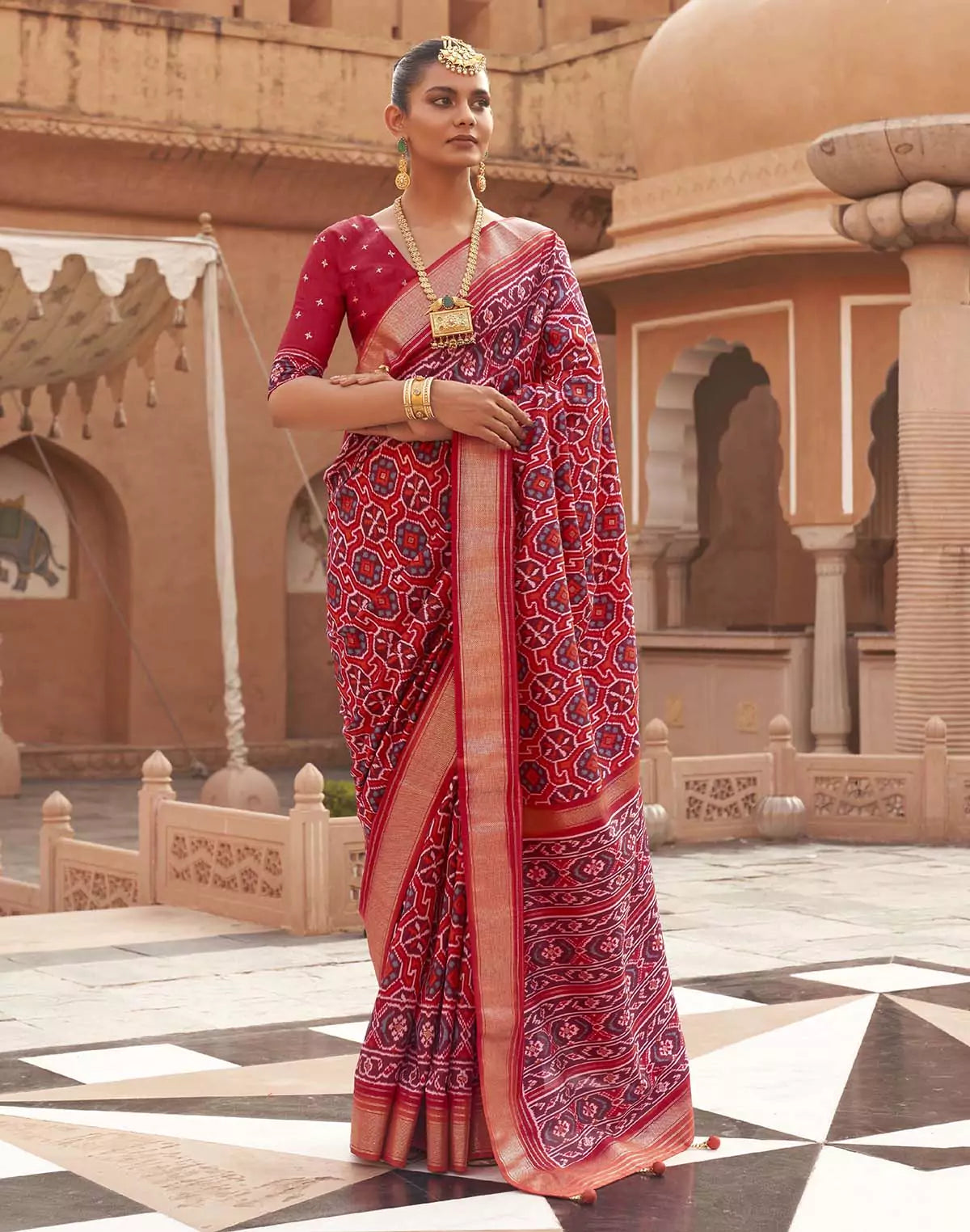 Image of Red Ikat Print Patola Saree with Contrast Zari Border