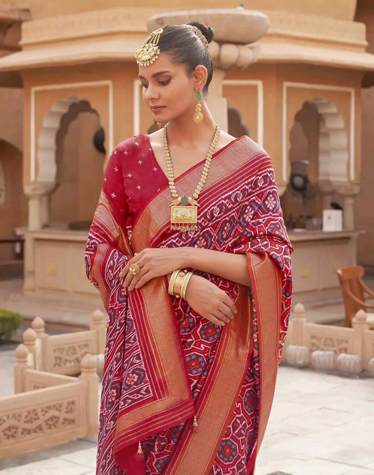 Image of Red Ikat Print Patola Saree with Contrast Zari Border
