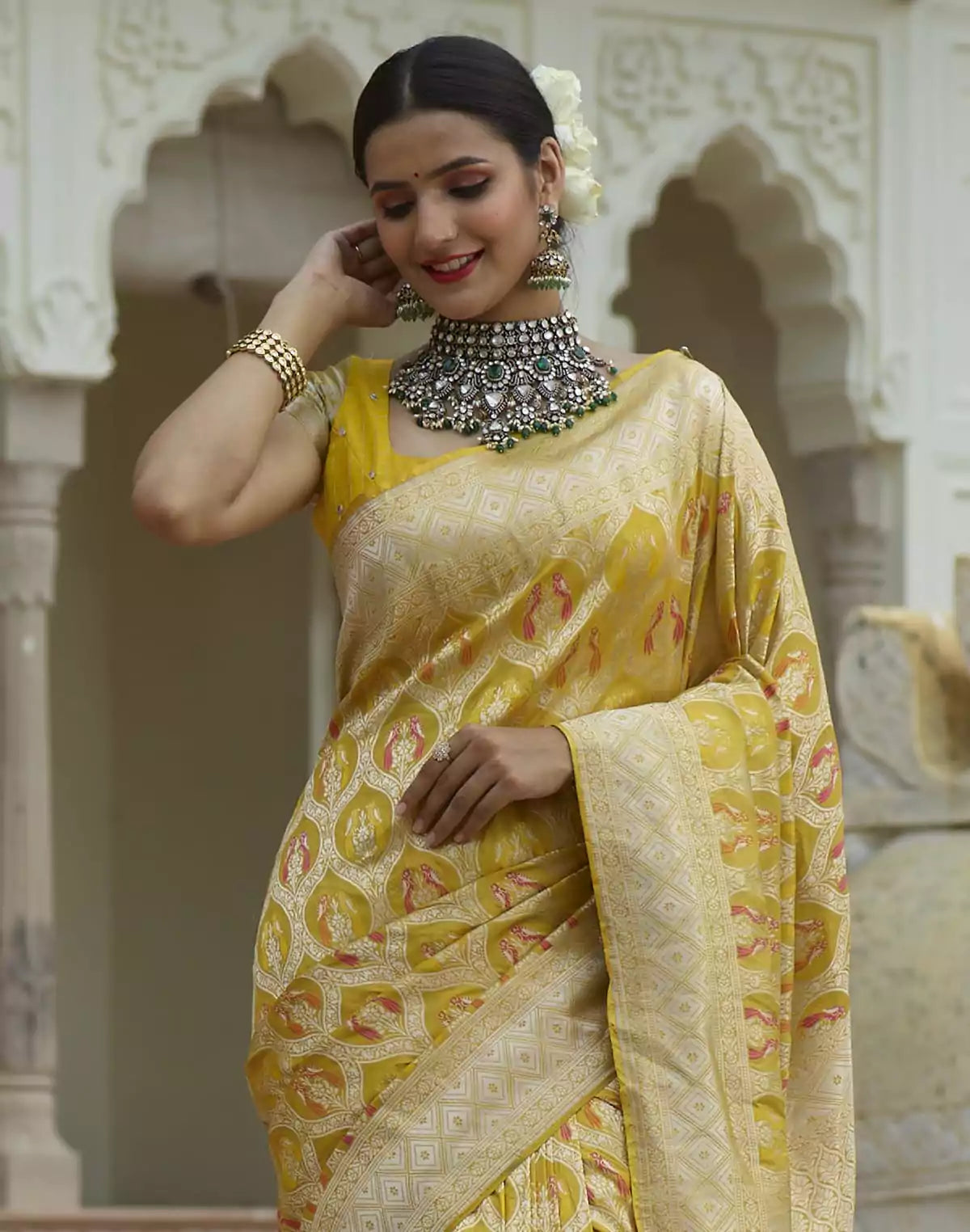 Image of Bright Yellow Coloured Pure Kataan Banaras Saree