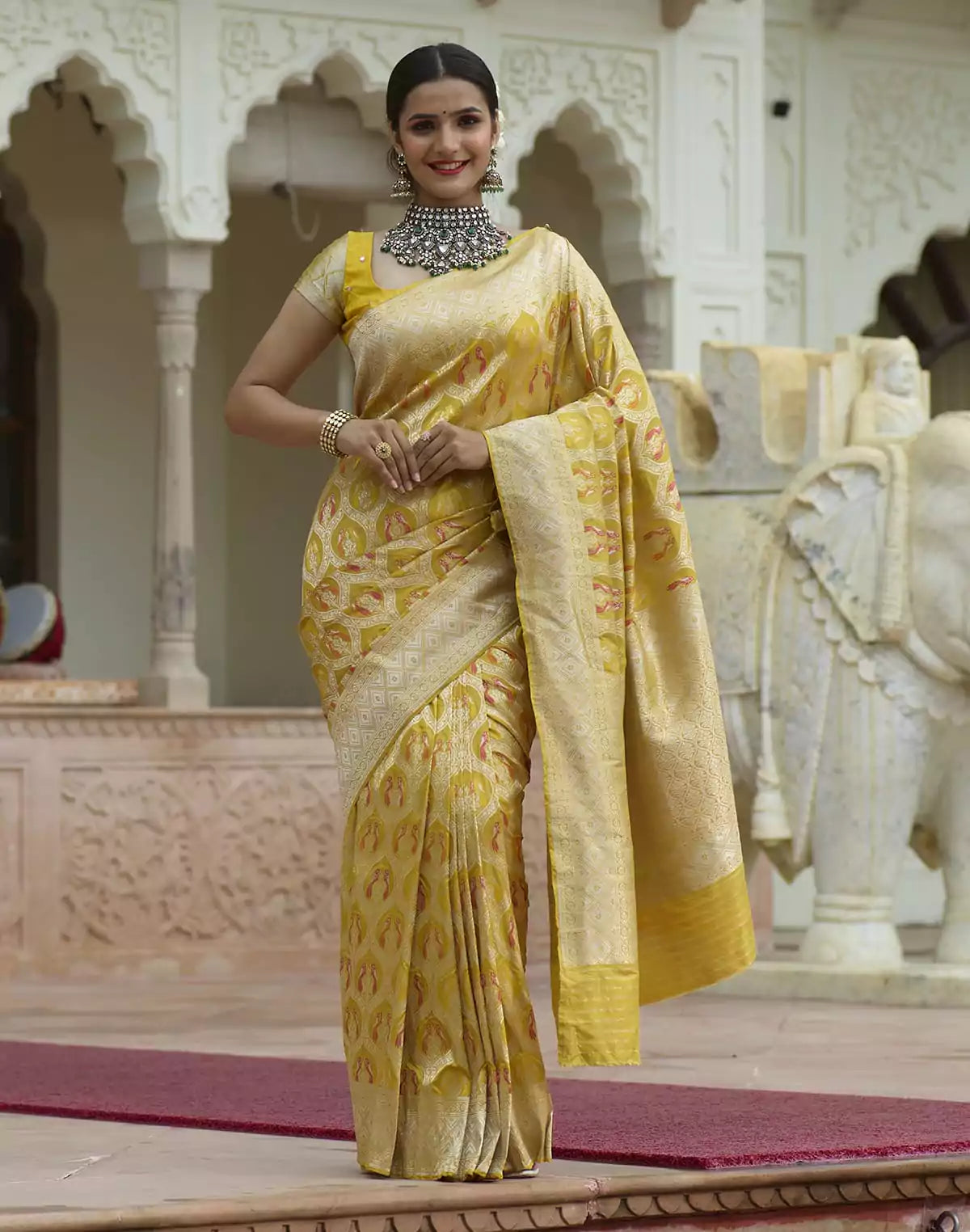 Image of Bright Yellow Coloured Pure Kataan Banaras Saree