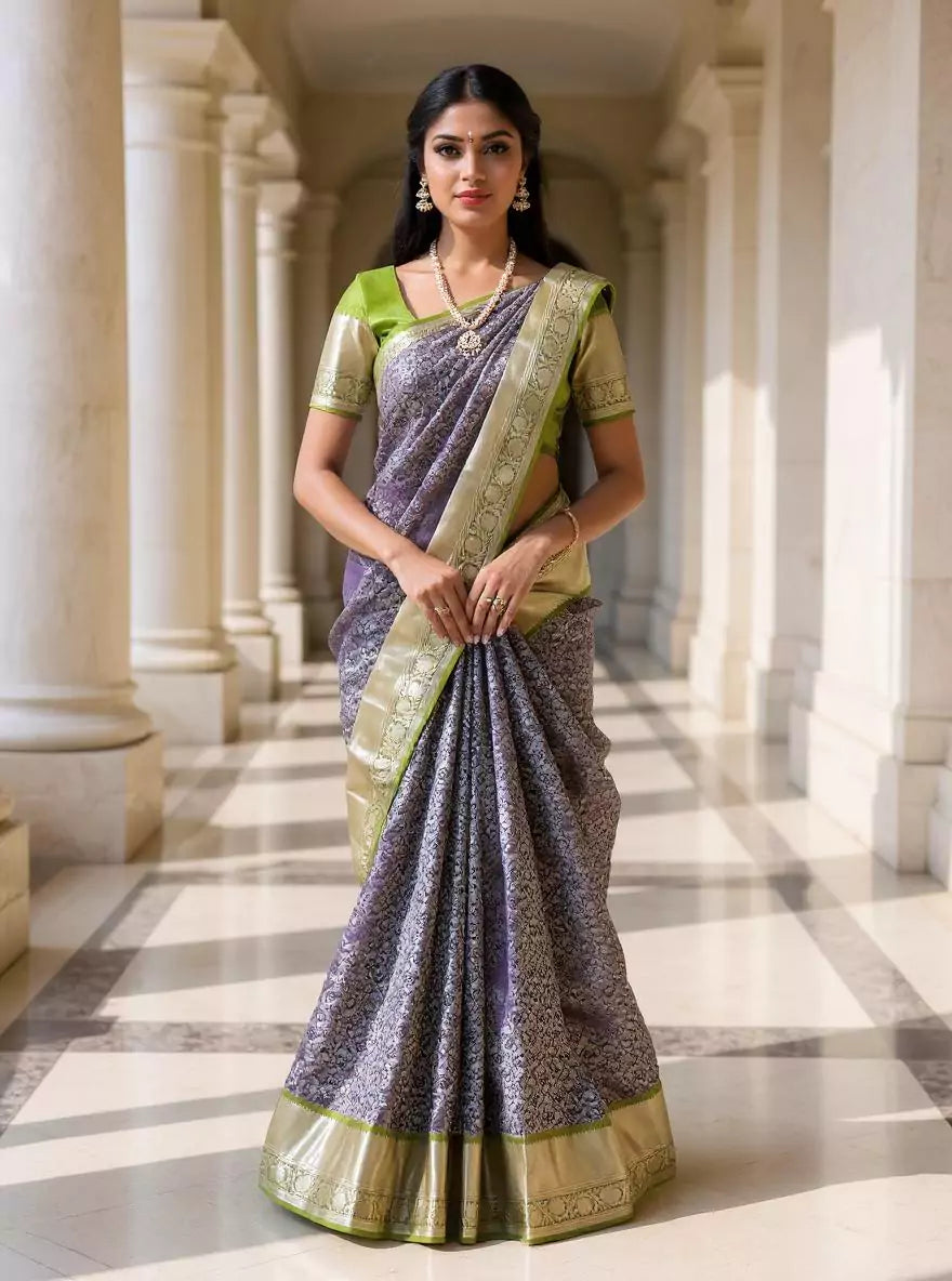 Image of Navy Blue Silver Zari Kanchi Pattu Silk Saree