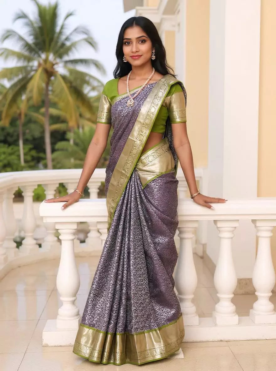 Image of Navy Blue Silver Zari Kanchi Pattu Silk Saree