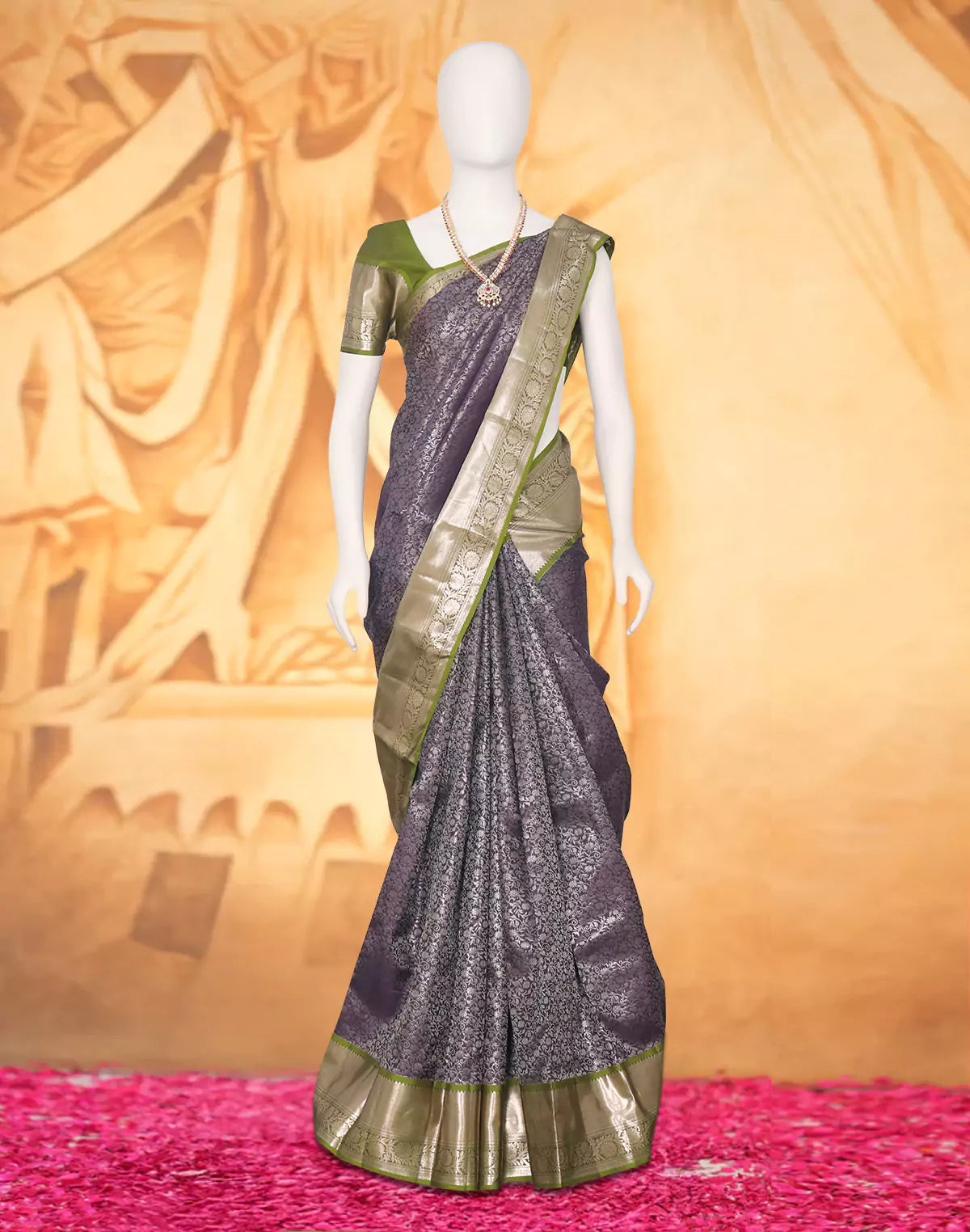 Image of Navy Blue Silver Zari Kanchi Pattu Silk Saree