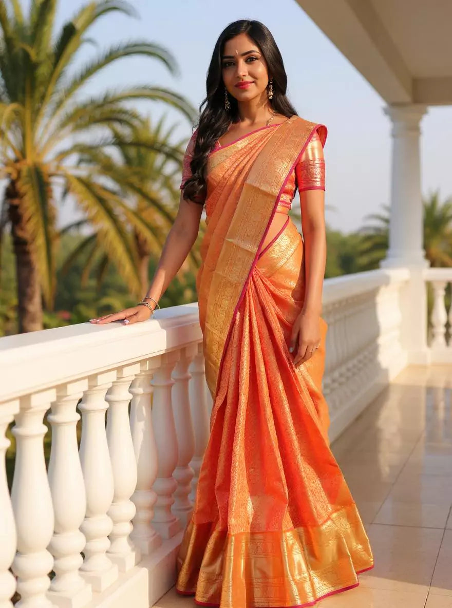 Image of Orange Floral Golden Zari Kanchi Pattu Saree with Skut Border