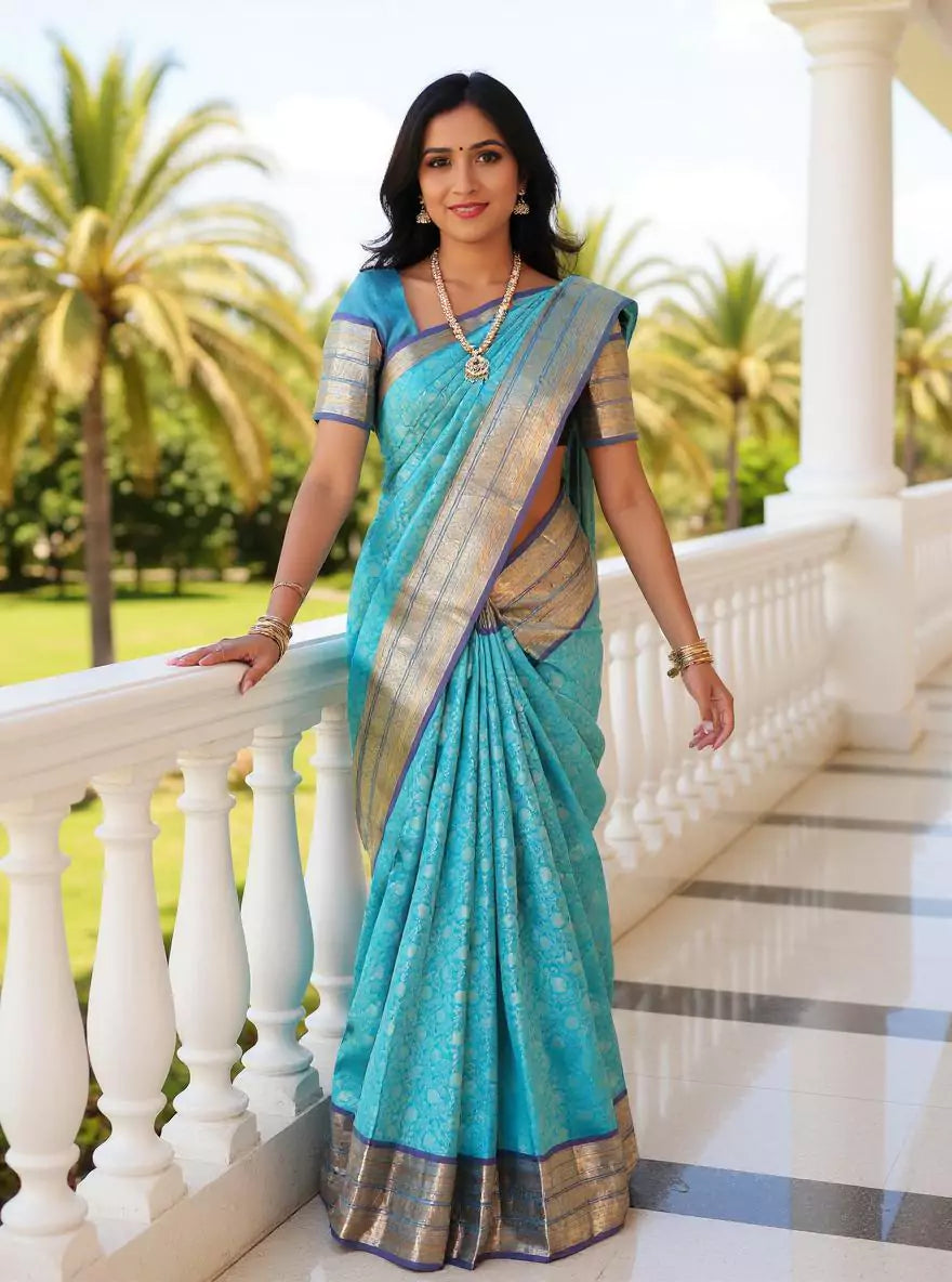 Image of Sky Blue All Over Floral Silver Jaal Kanchi Pattu Saree