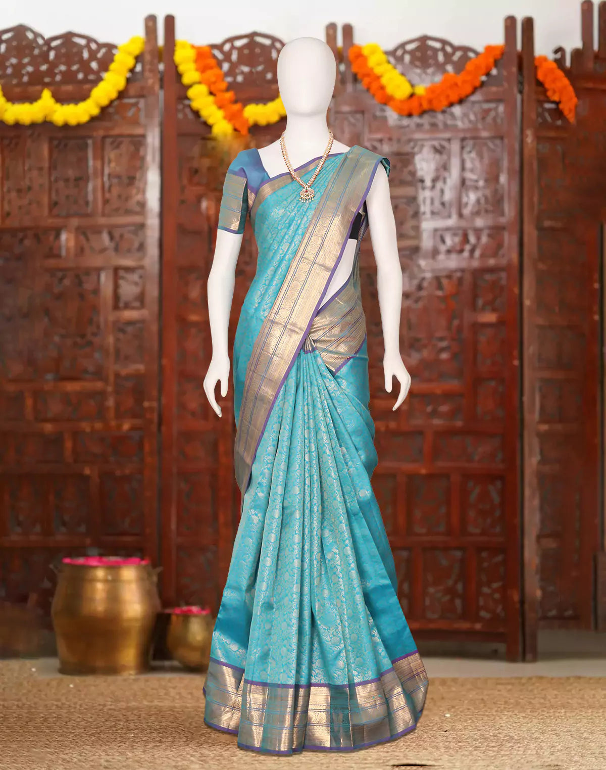 Image of Sky Blue All Over Floral Silver Jaal Kanchi Pattu Saree