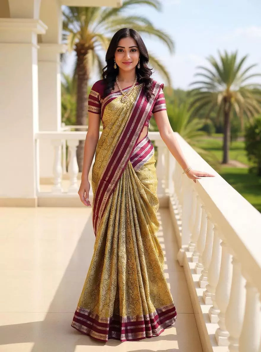 Image of Mehendi Green Floral with Paisely Design Kanchi Pattu Silk Saree