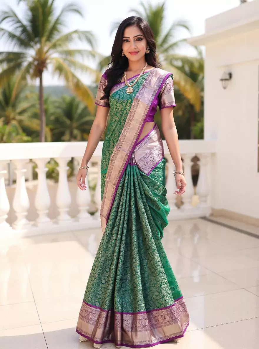 Image of Green Floral Kanchi Pattu Saree with Contrast Silver Zari Border