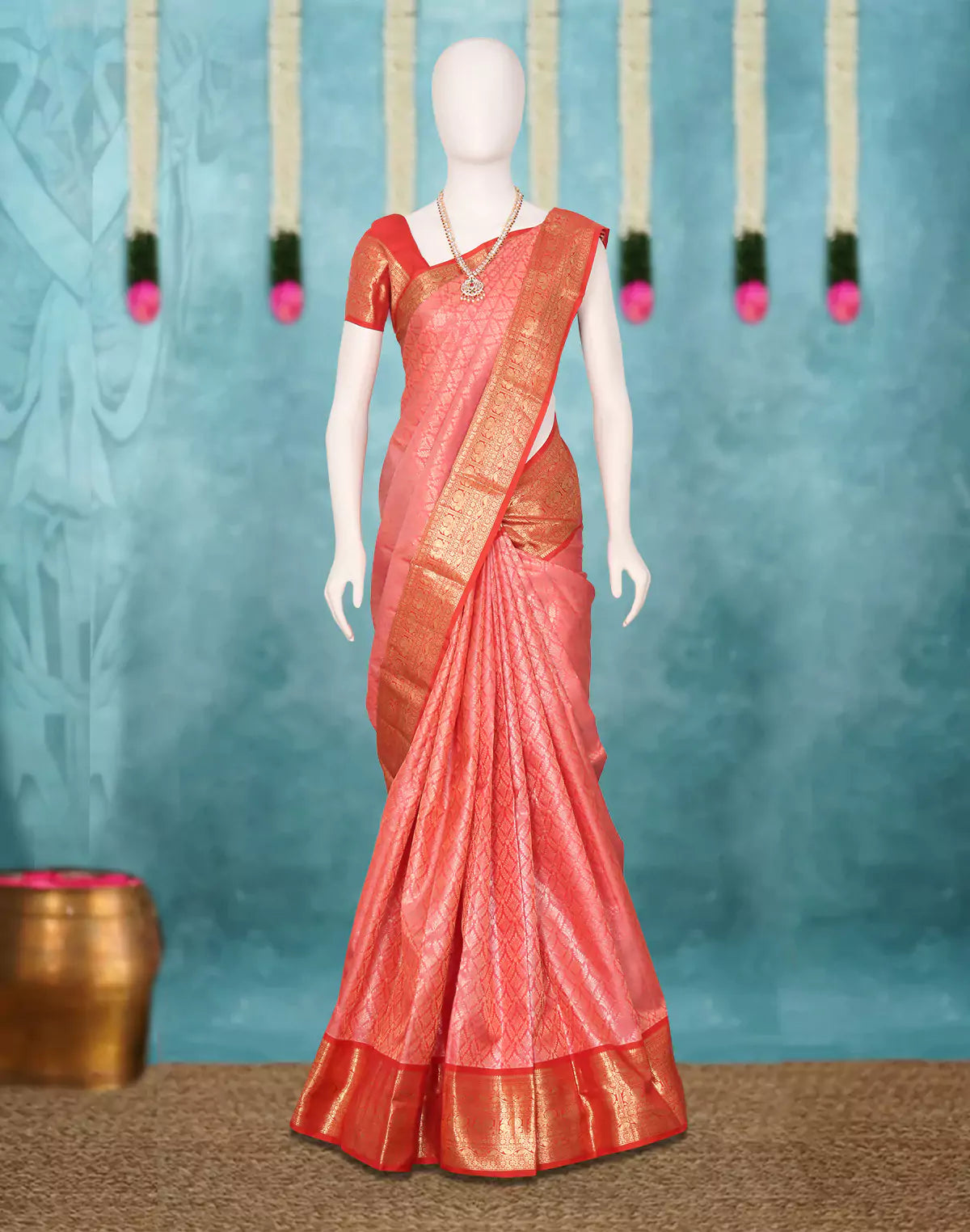 Image of Peach Floral Golden Zari Jaal Kanchi Pattu Silk Saree