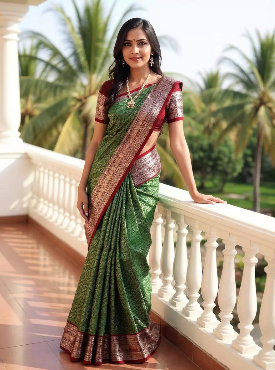 Green Silver Zari Kanchi Pattu Saree with Contrast Border