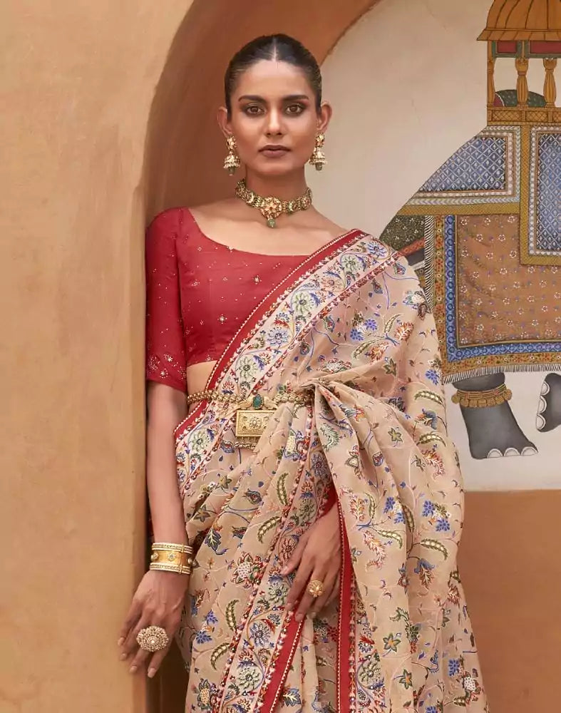 Image of Beige and Red Coloured Hand Painted Brasso Saree