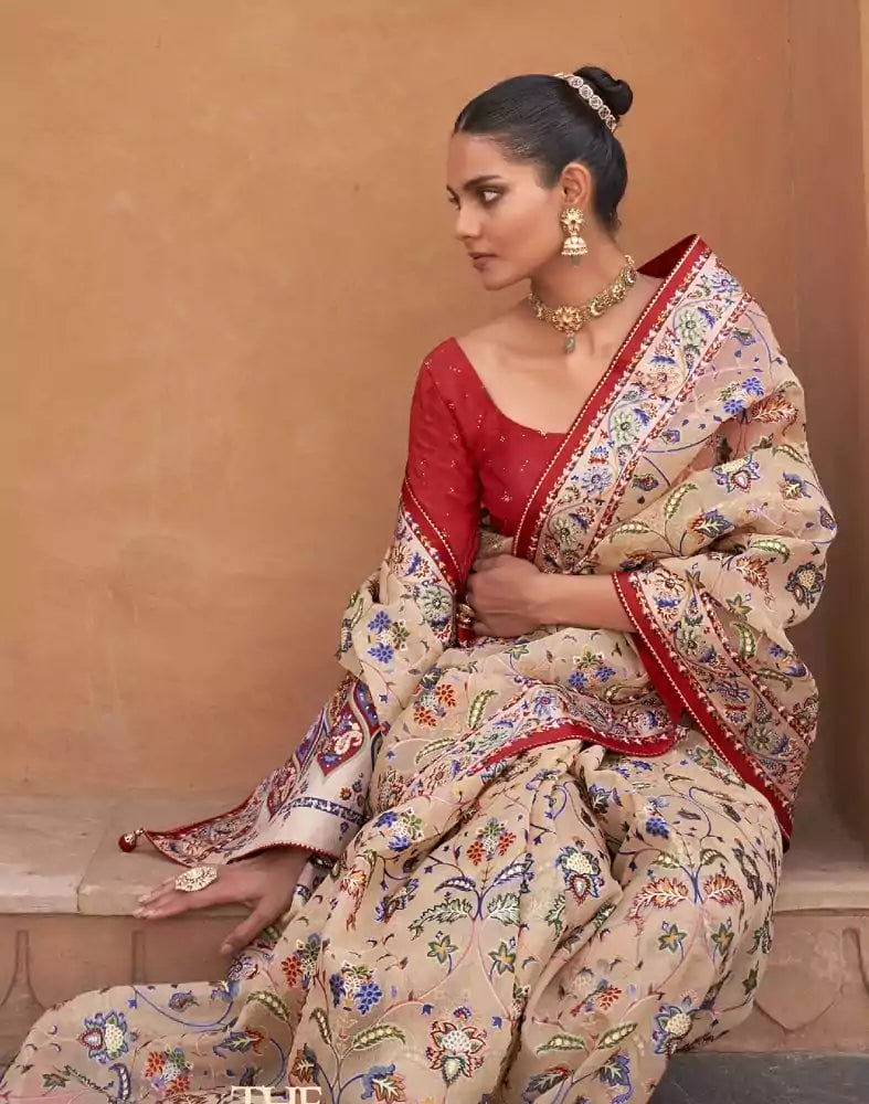 Image of Beige and Red Coloured Hand Painted Brasso Saree