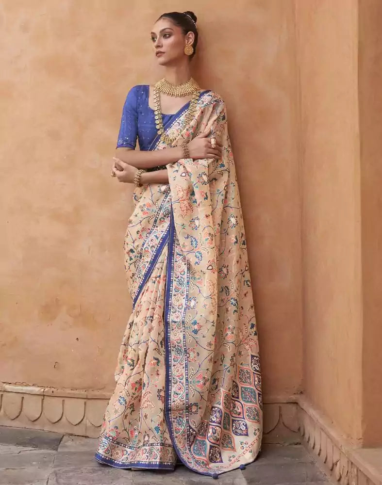 Image of Beige and Navy Blue Floral Hand Painted Brasso Saree