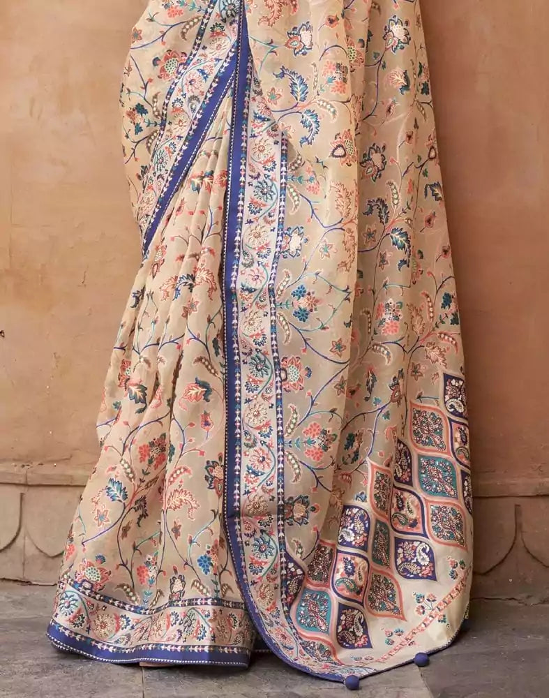 Image of Beige and Navy Blue Floral Hand Painted Brasso Saree