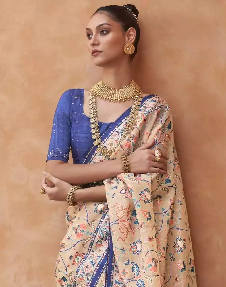 Image of Beige and Navy Blue Floral Hand Painted Brasso Saree