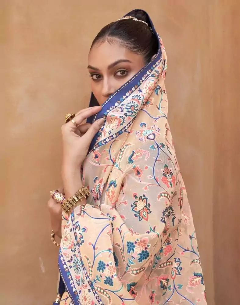 Image of Beige and Navy Blue Floral Hand Painted Brasso Saree