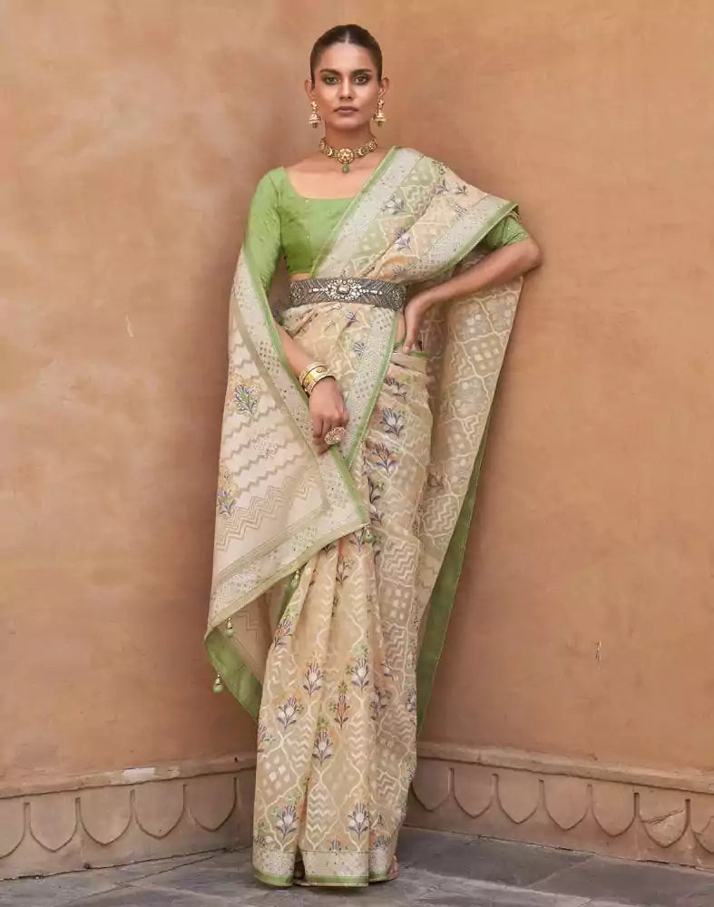 Image of Parrot Green Floral Hand Painted Brasso Saree