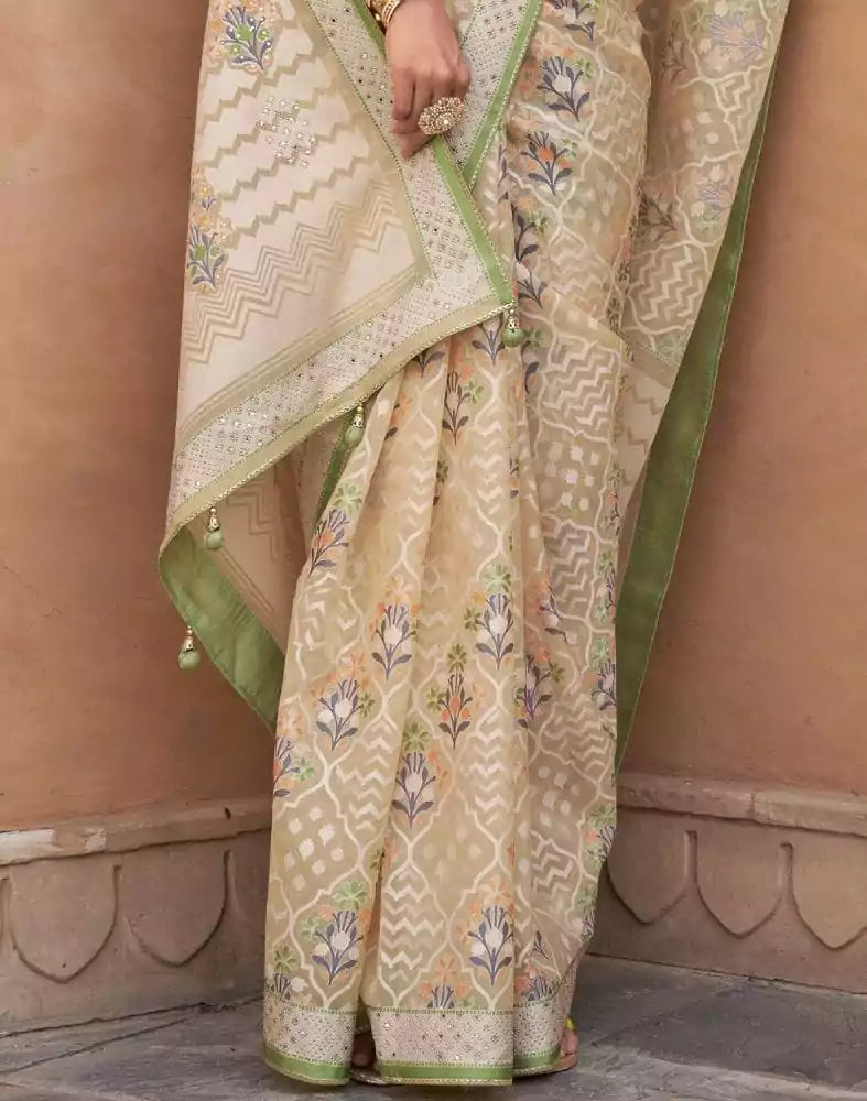 Image of Parrot Green Floral Hand Painted Brasso Saree