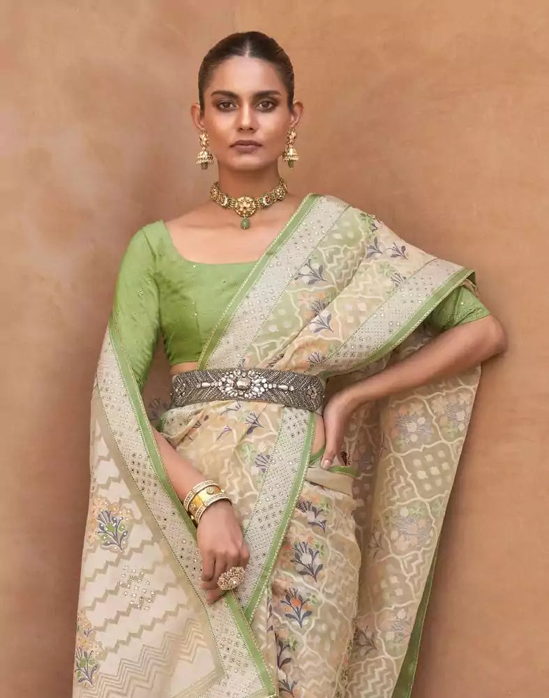 Image of Parrot Green Floral Hand Painted Brasso Saree