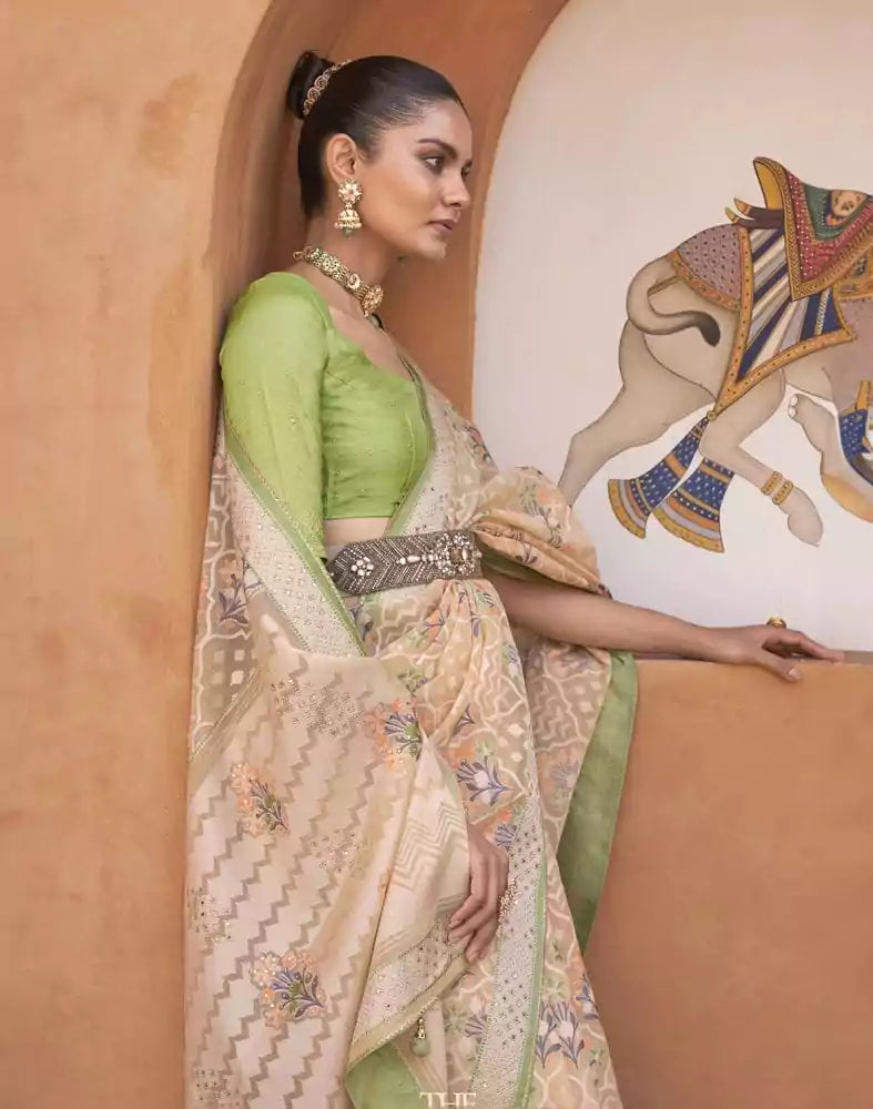 Image of Parrot Green Floral Hand Painted Brasso Saree