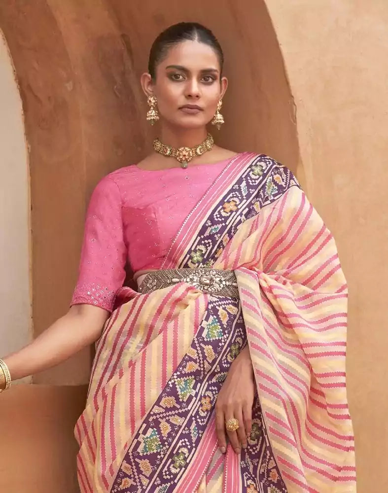 Image of Yellow and Pink Coloured Hand Painted Brasso Saree