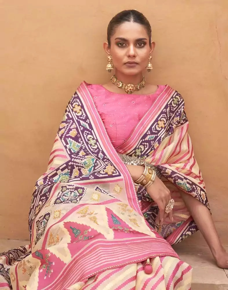 Image of Yellow and Pink Coloured Hand Painted Brasso Saree