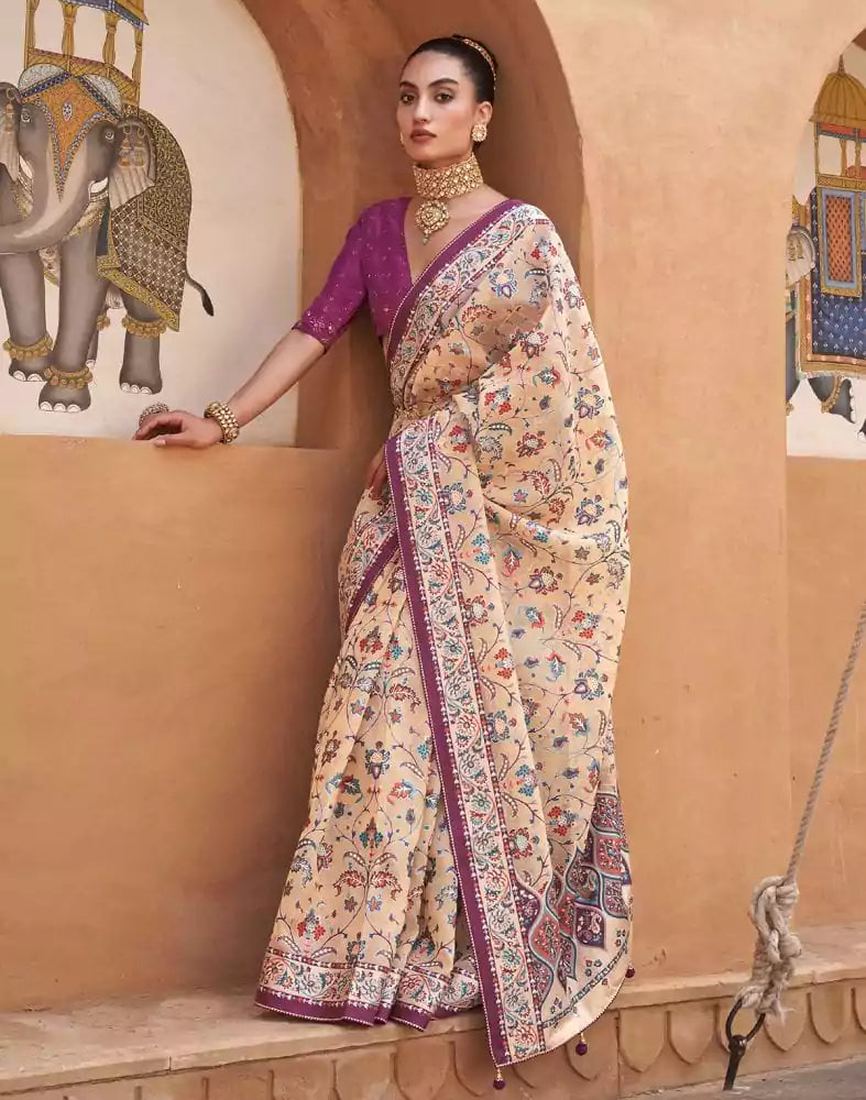 Image of Beige and Violet Floral Hand Painted Brasso Saree
