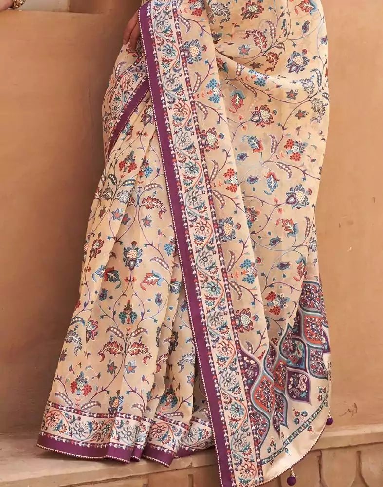 Image of Beige and Violet Floral Hand Painted Brasso Saree