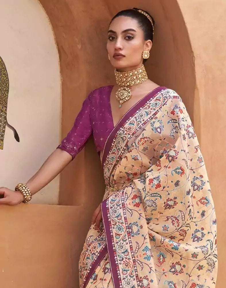 Image of Beige and Violet Floral Hand Painted Brasso Saree