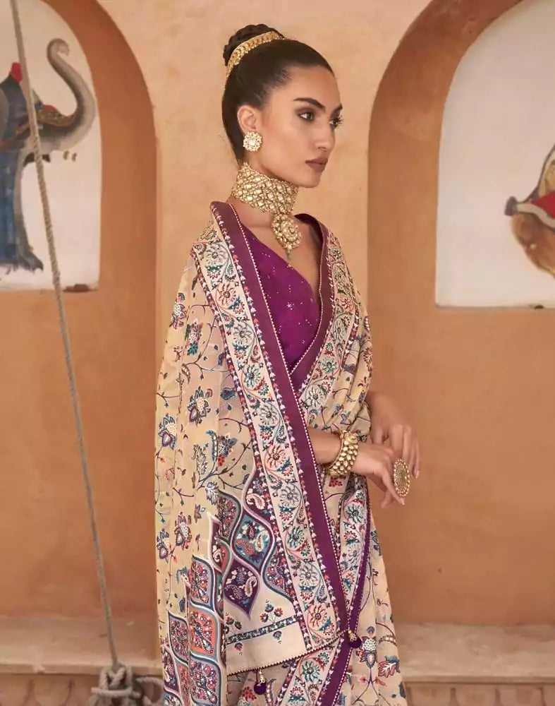 Image of Beige and Violet Floral Hand Painted Brasso Saree