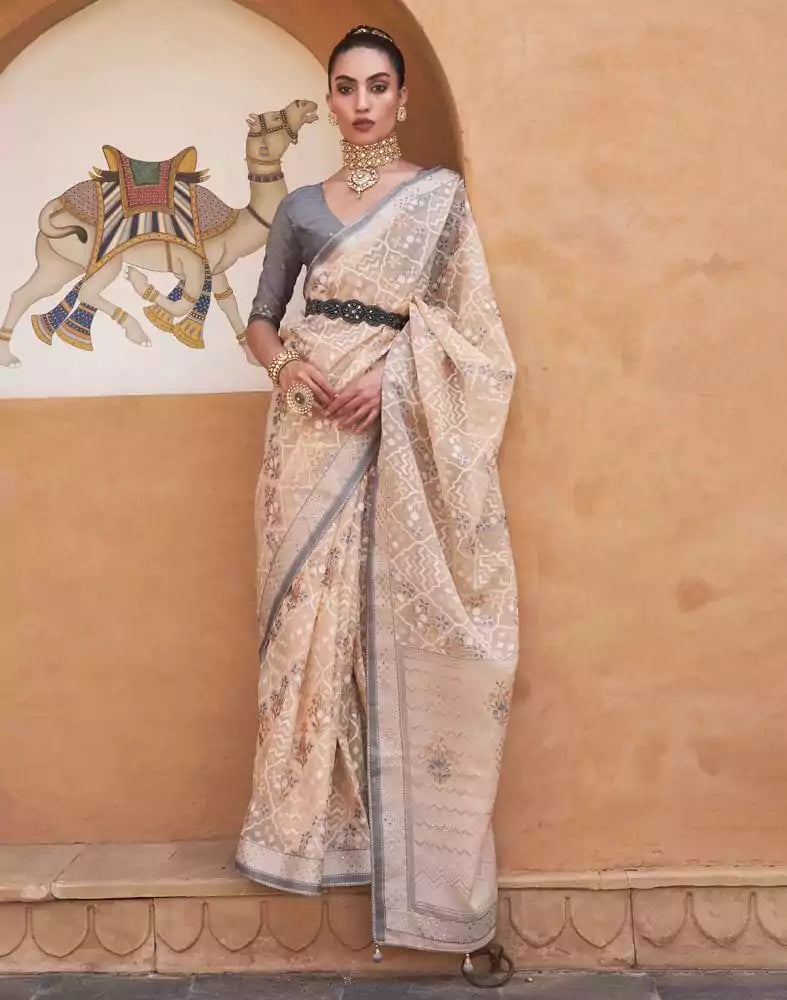 Image of Light Orange Floral Hand Painted Brasso Saree