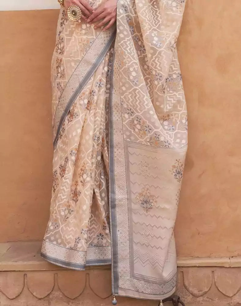 Image of Light Orange Floral Hand Painted Brasso Saree